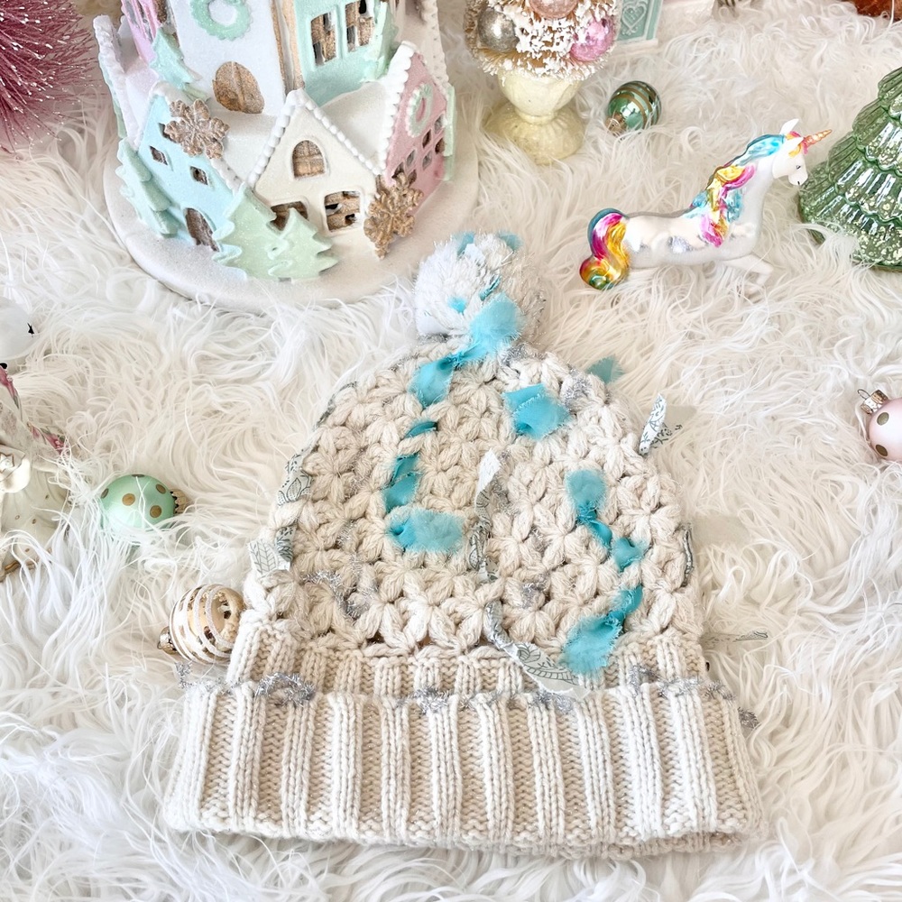 Free People RARE Knitted Crocheted Pom Beanie Hat